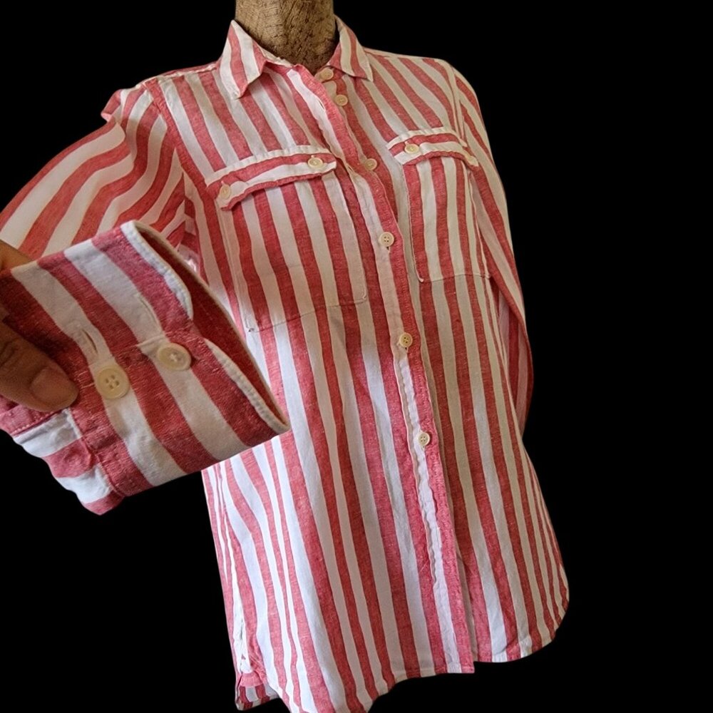 J Crew Linen Red & White Striped Button-Up Long Sleeve Shirt With Chest Pockets - Picture 4 of 11